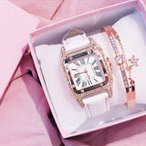 Women Diamond Watch Starry Square Dial Bracelet Watches Set Ladies Leather Band Quartz Wristwatch Female Clock
