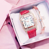 Women Diamond Watch Starry Square Dial Bracelet Watches Set Ladies Leather Band Quartz Wristwatch Female Clock