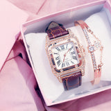 Women Diamond Watch Starry Square Dial Bracelet Watches Set Ladies Leather Band Quartz Wristwatch Female Clock