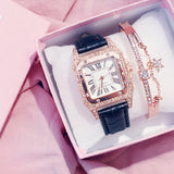 Women Diamond Watch Starry Square Dial Bracelet Watches Set Ladies Leather Band Quartz Wristwatch Female Clock
