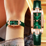 Luxury Watches Women Square Rose Gold Wrist Watches Green Leather Fashion Watches Female Ladies Quartz Clock Gifts 